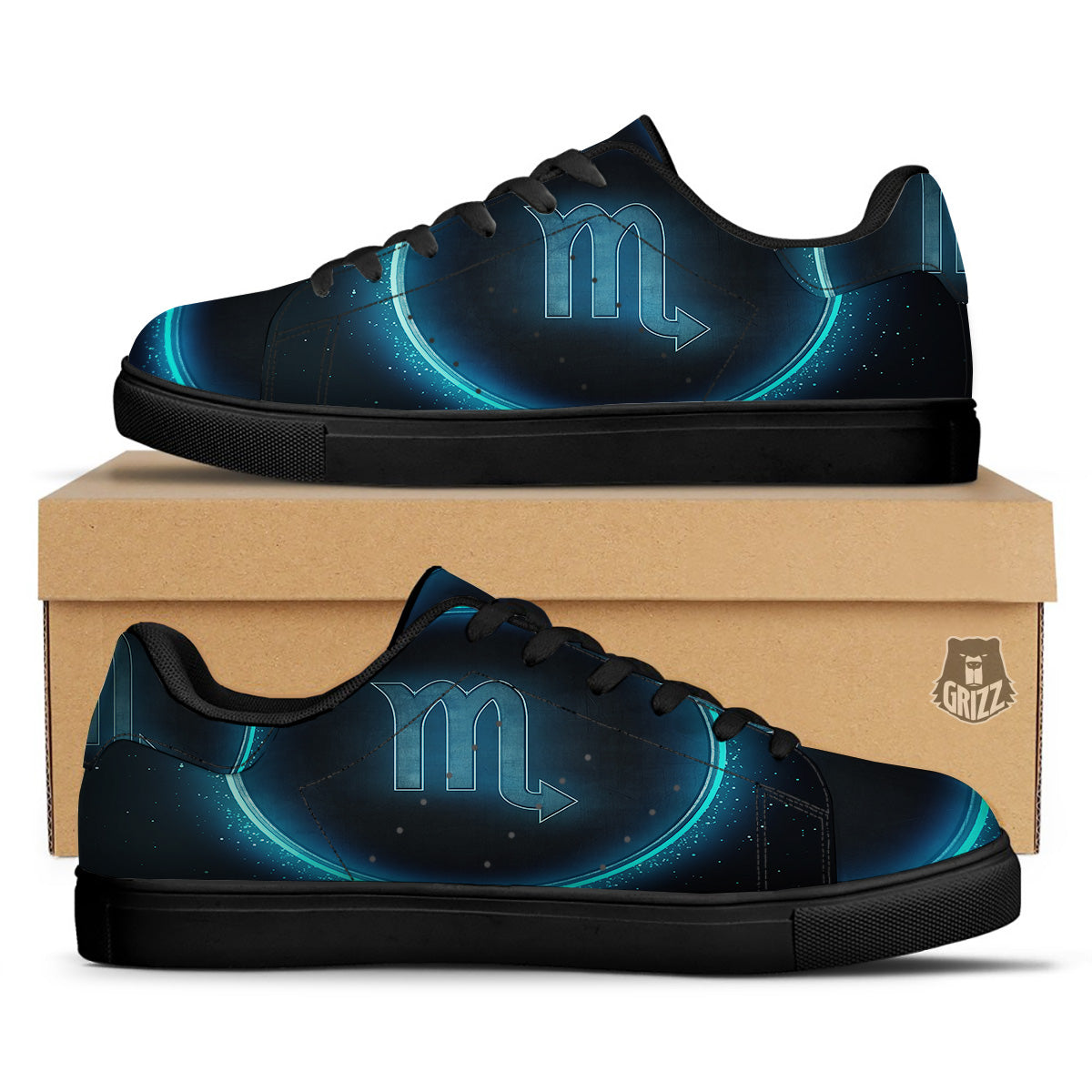 Zodiac Sign Blue Scorpio Print Black Low Top Sneakers-grizzshop
