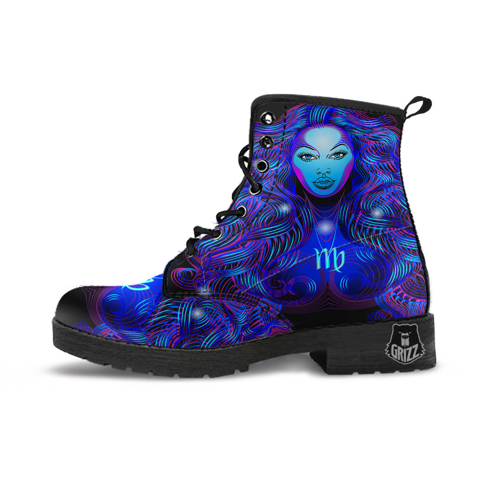 Zodiac Sign Blue Virgo Print Leather Boots-grizzshop