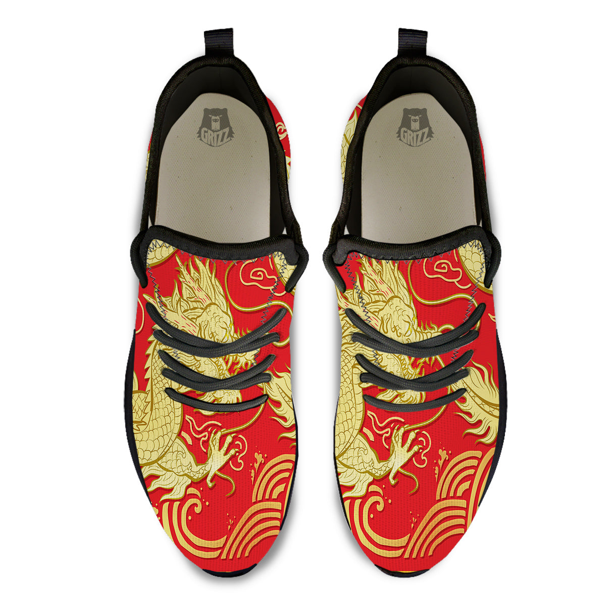 Zodiac Sign Chinese Dragon Print Black Athletic Shoes-grizzshop