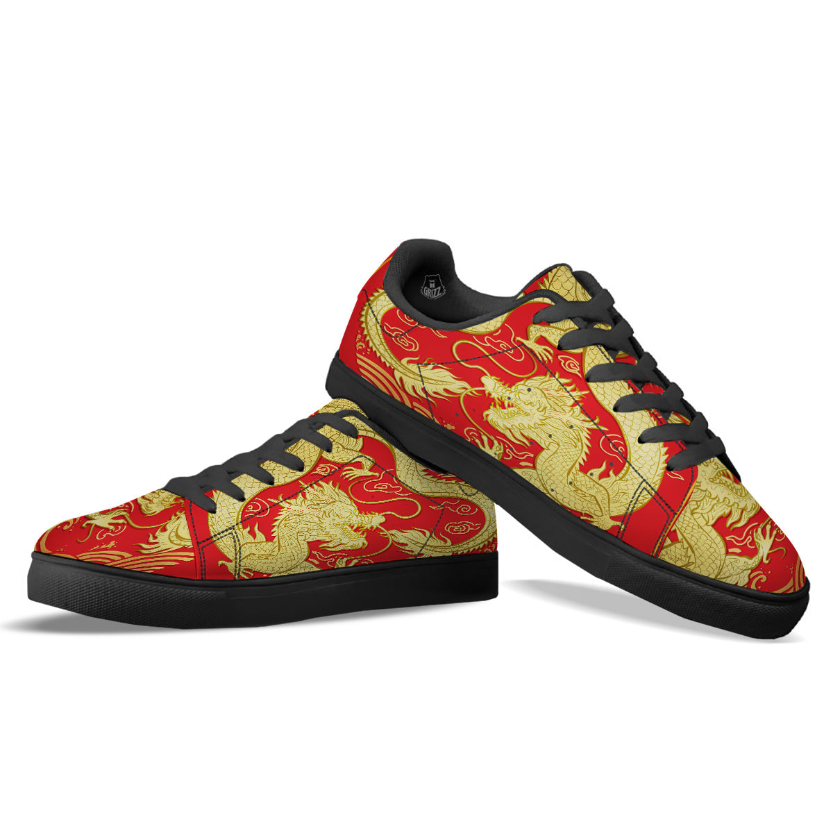 Zodiac Sign Chinese Dragon Print Black Low Top Sneakers-grizzshop