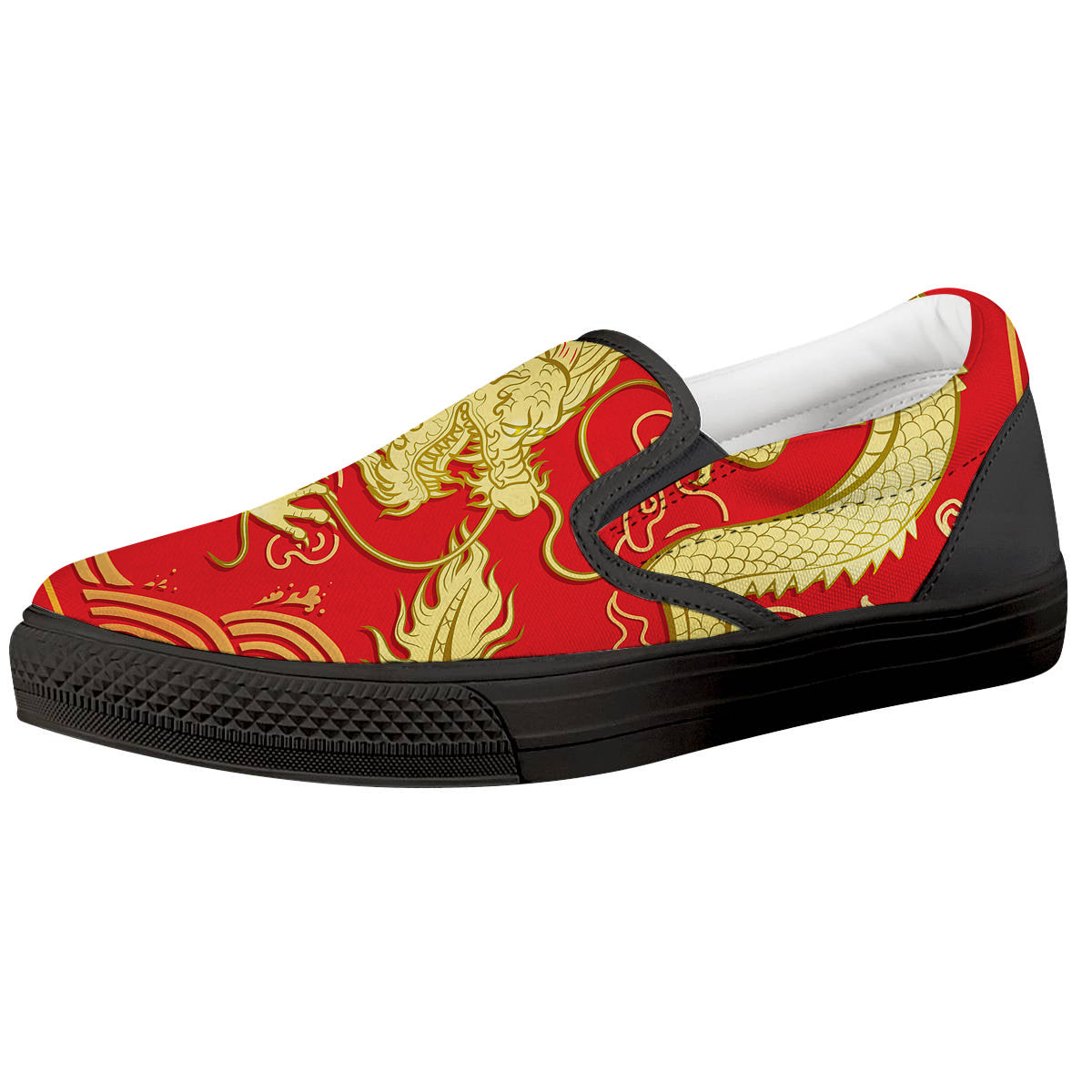 Zodiac Sign Chinese Dragon Print Black Slip On Shoes-grizzshop