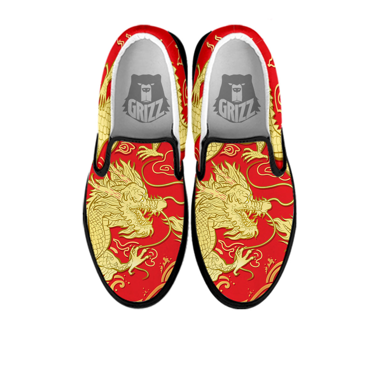 Zodiac Sign Chinese Dragon Print Black Slip On Shoes-grizzshop