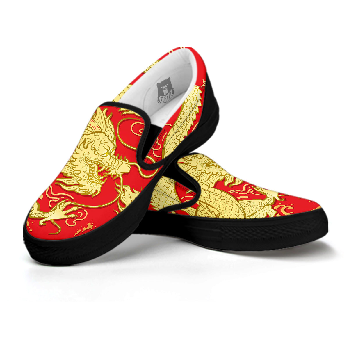 Zodiac Sign Chinese Dragon Print Black Slip On Shoes-grizzshop