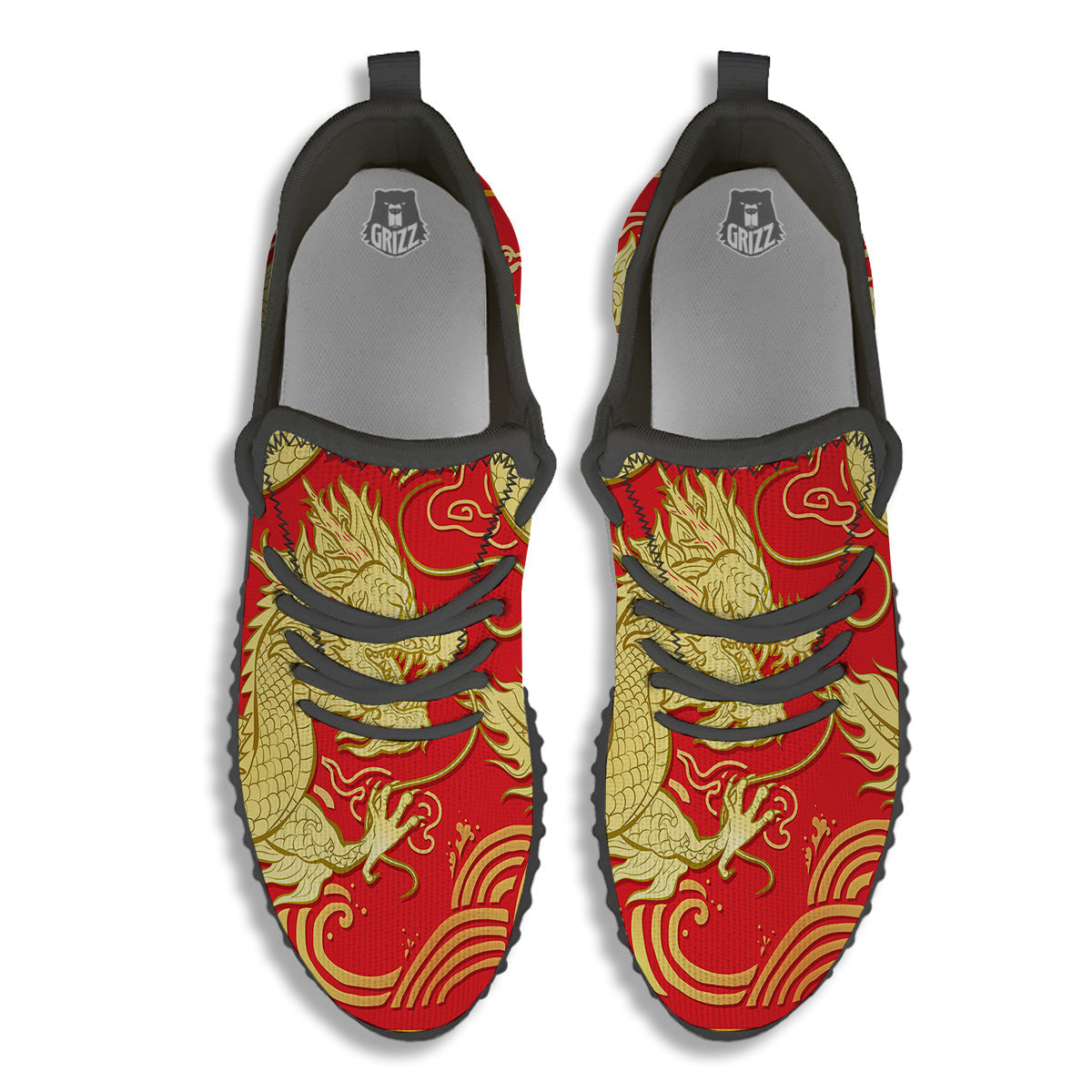 Zodiac Sign Chinese Dragon Print Black Walking Shoes-grizzshop