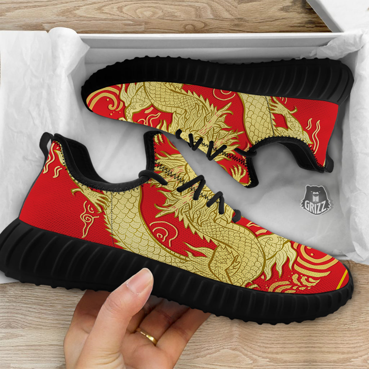 Zodiac Sign Chinese Dragon Print Black Walking Shoes-grizzshop