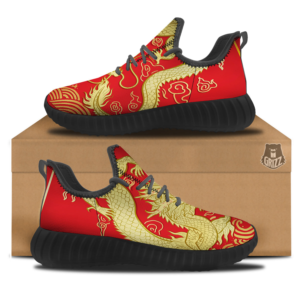 Zodiac Sign Chinese Dragon Print Black Walking Shoes-grizzshop