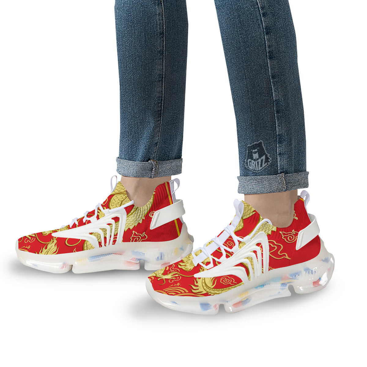 Zodiac Sign Chinese Dragon Print White Gym Shoes-grizzshop