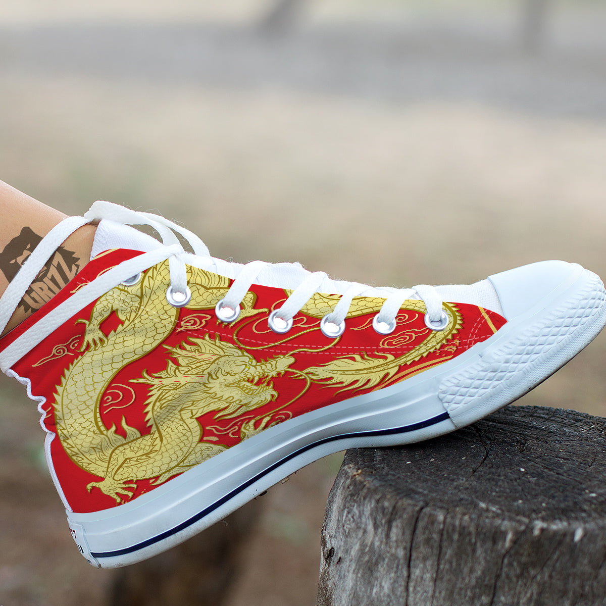 Zodiac Sign Chinese Dragon Print White High Top Shoes-grizzshop