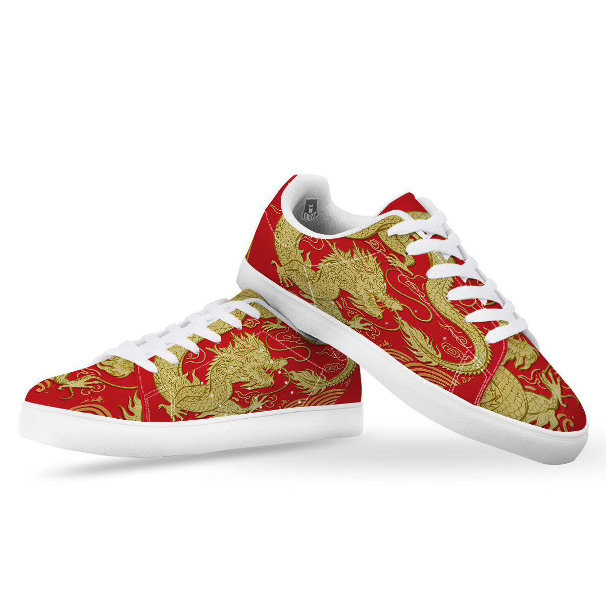 Zodiac Sign Chinese Dragon Print White Low Top Sneakers-grizzshop