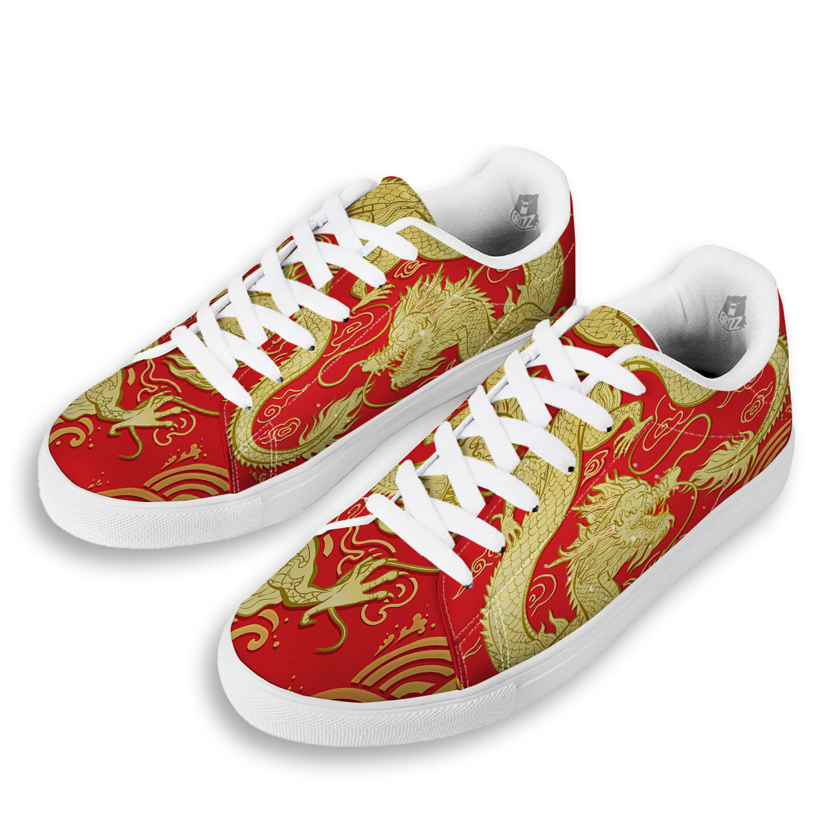 Zodiac Sign Chinese Dragon Print White Low Top Sneakers-grizzshop
