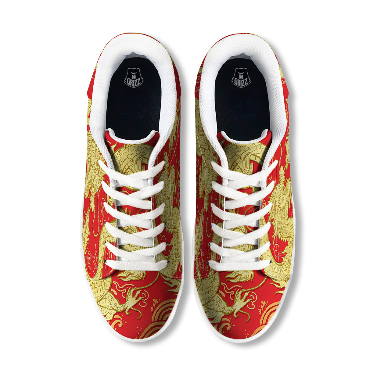 Zodiac Sign Chinese Dragon Print White Low Top Sneakers-grizzshop