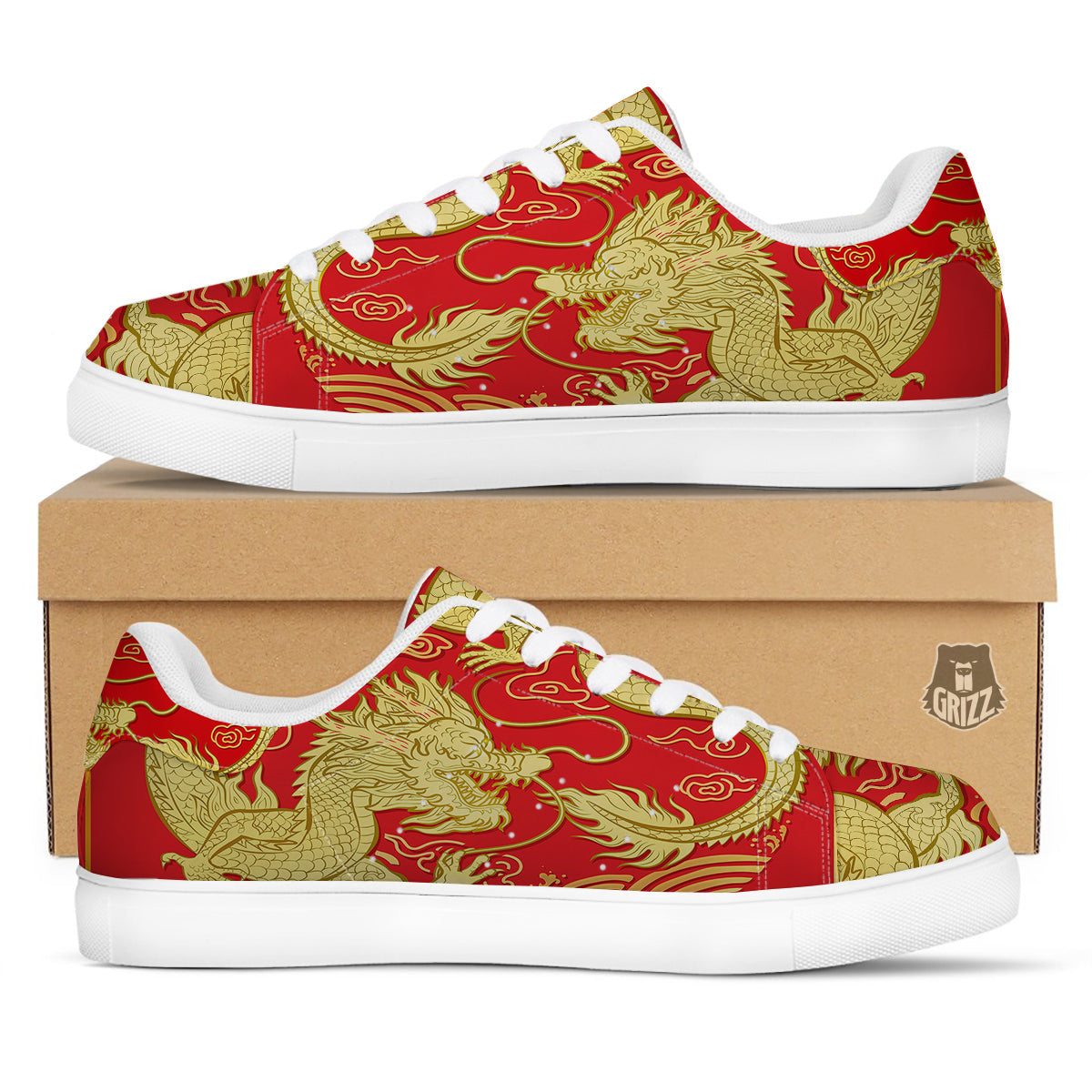 Zodiac Sign Chinese Dragon Print White Low Top Sneakers-grizzshop