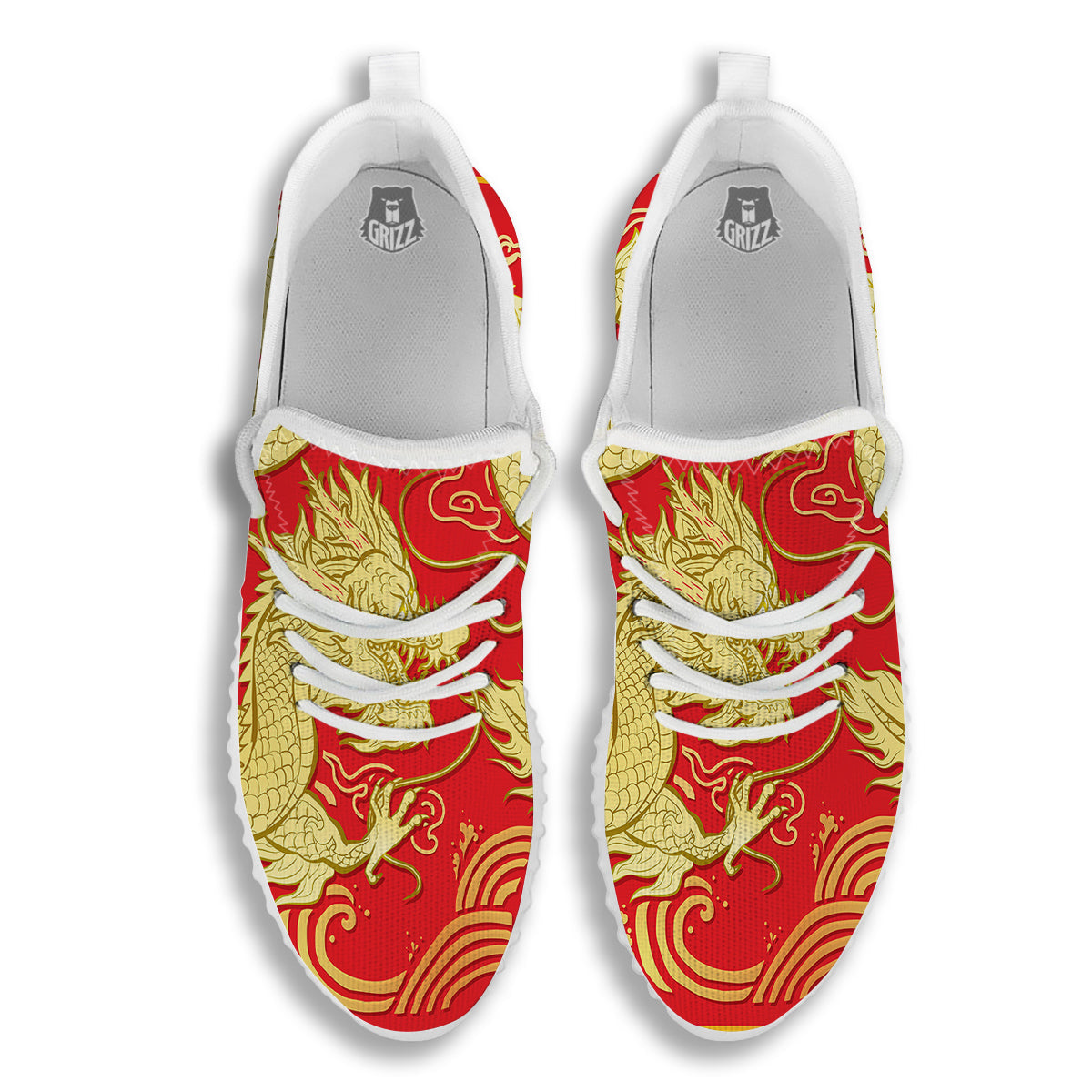 Zodiac Sign Chinese Dragon Print White Walking Shoes-grizzshop