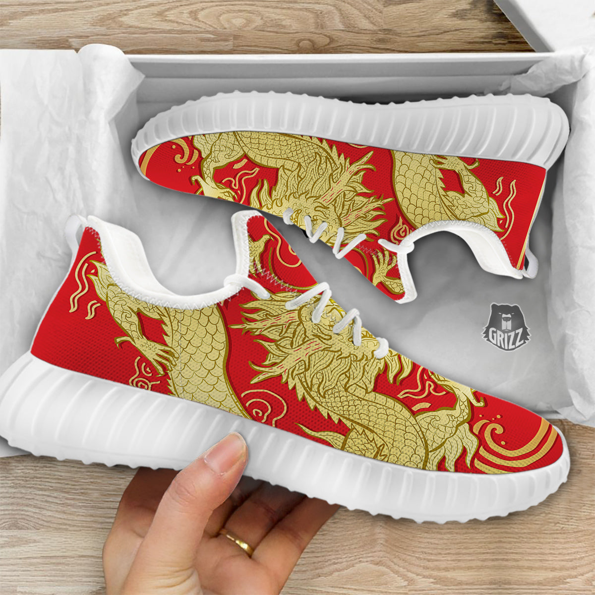 Zodiac Sign Chinese Dragon Print White Walking Shoes-grizzshop