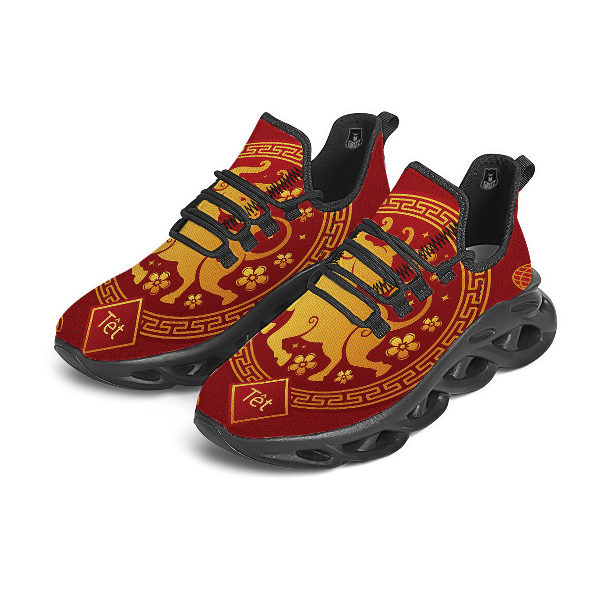 Zodiac Sign Chinese Ox Print Black Running Shoes-grizzshop