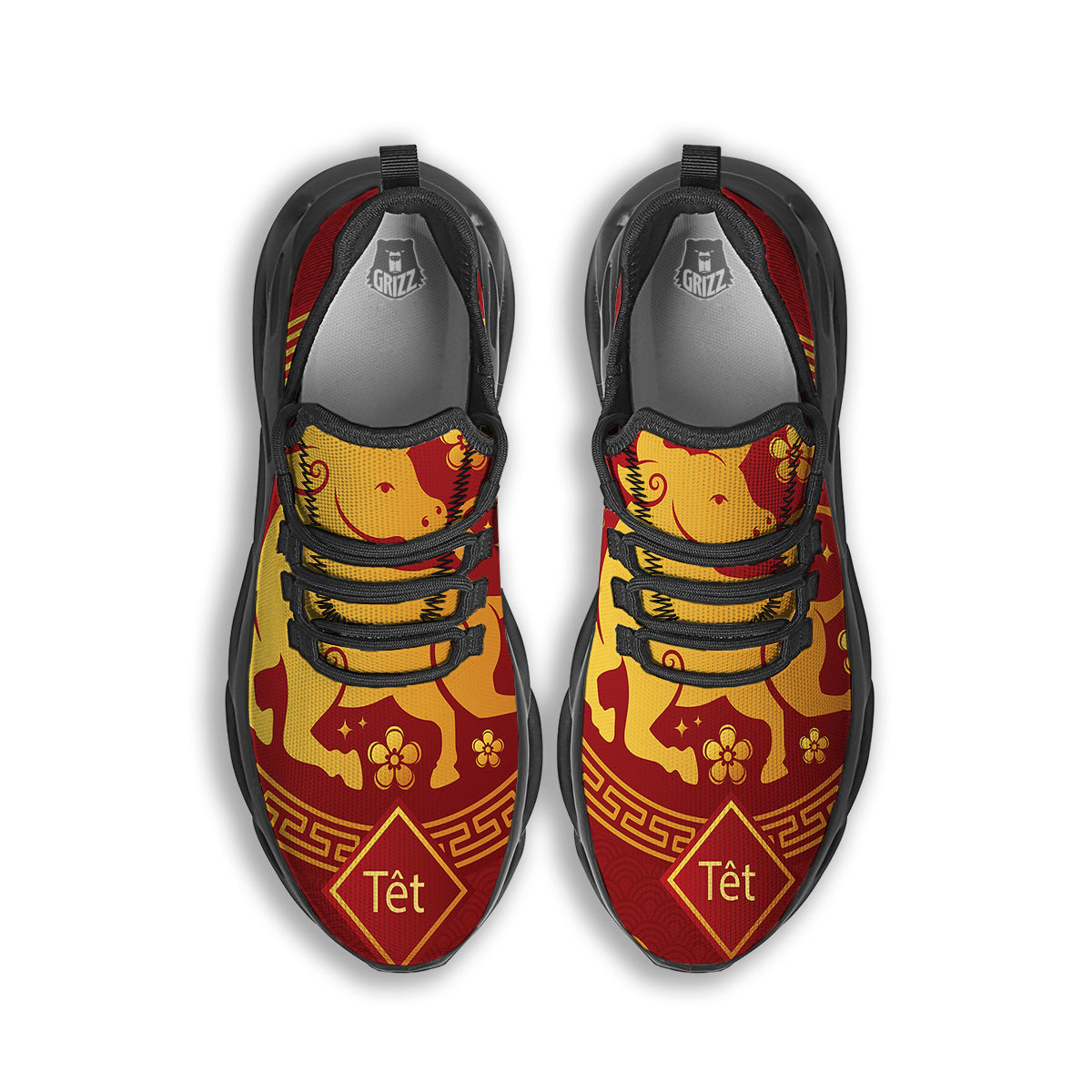 Zodiac Sign Chinese Ox Print Black Running Shoes-grizzshop