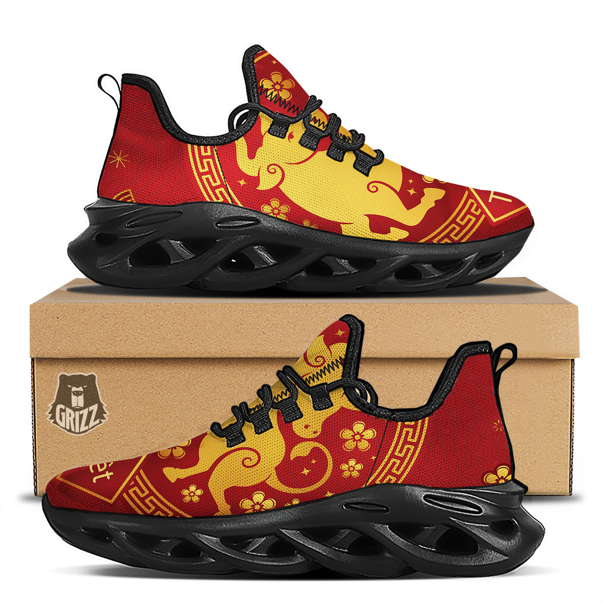 Zodiac Sign Chinese Ox Print Black Running Shoes-grizzshop