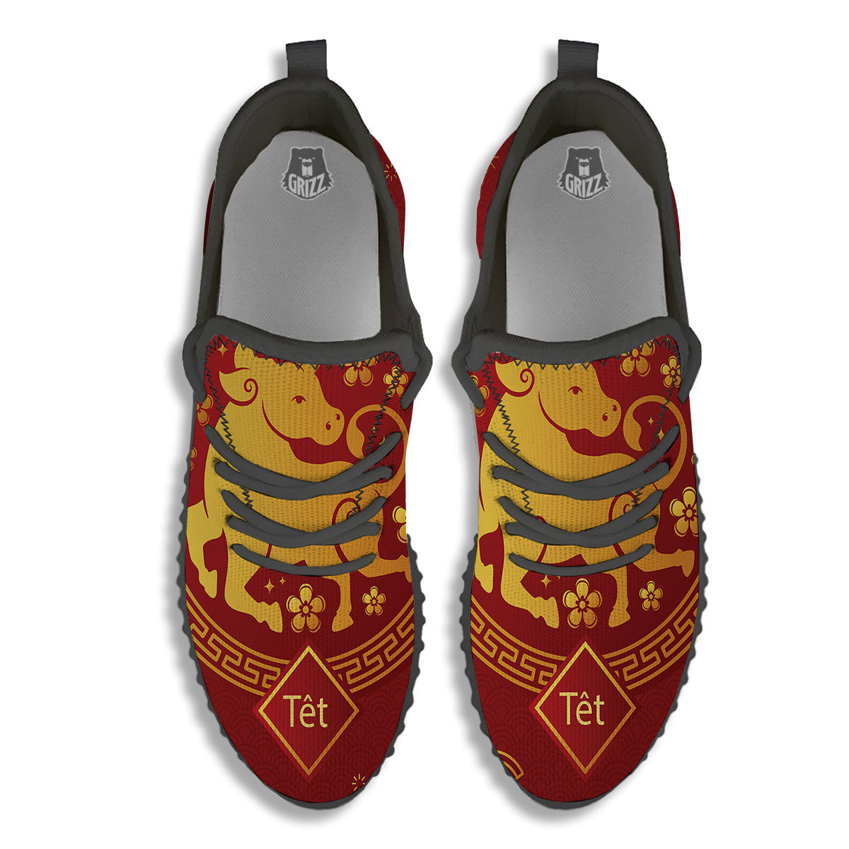 Zodiac Sign Chinese Ox Print Black Walking Shoes-grizzshop