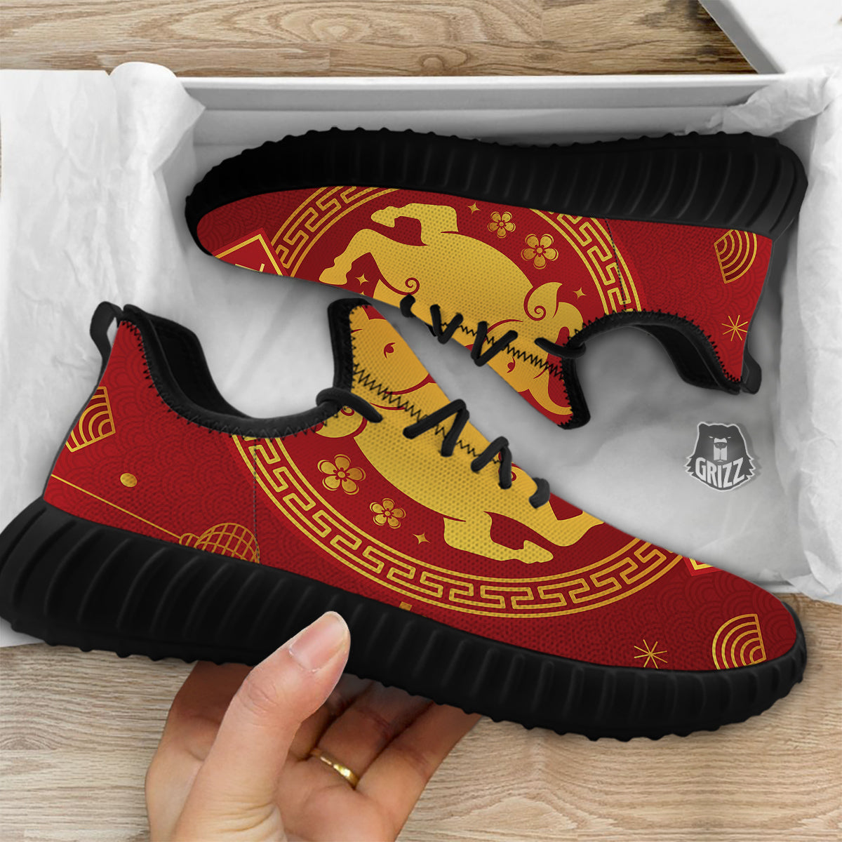 Zodiac Sign Chinese Ox Print Black Walking Shoes-grizzshop