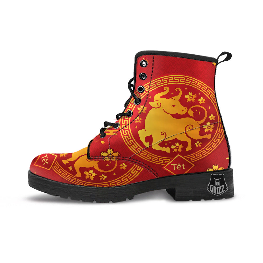 Zodiac Sign Chinese Ox Print Leather Boots-grizzshop