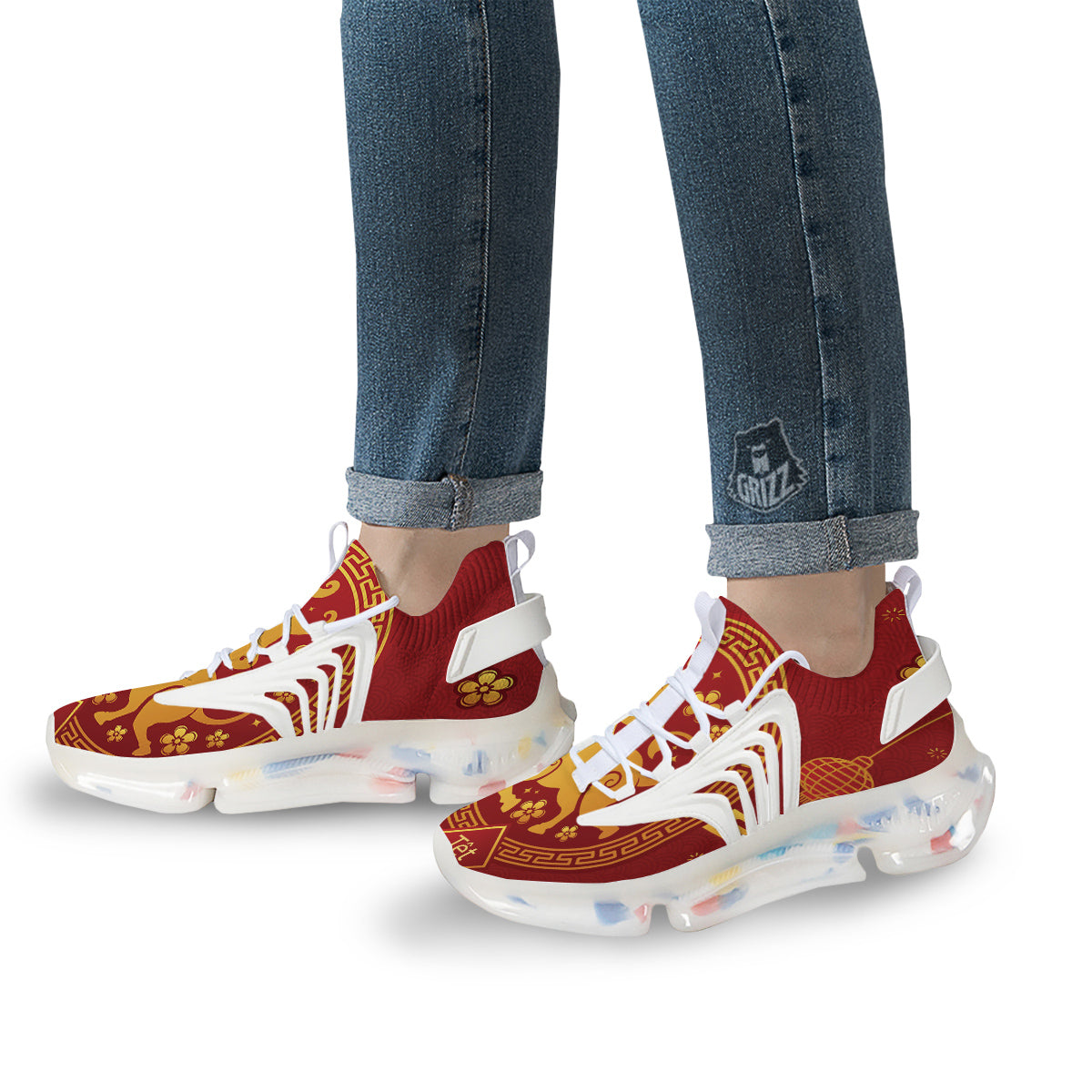 Zodiac Sign Chinese Ox Print White Gym Shoes-grizzshop