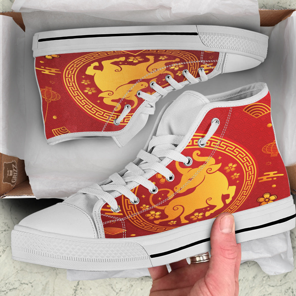 Zodiac Sign Chinese Ox Print White High Top Shoes-grizzshop