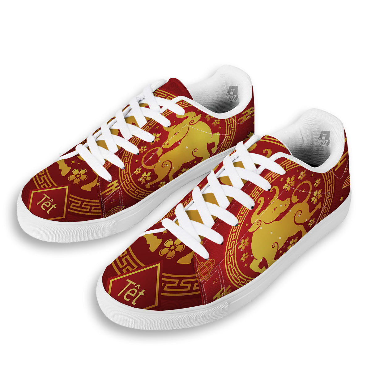 Zodiac Sign Chinese Ox Print White Low Top Sneakers-grizzshop