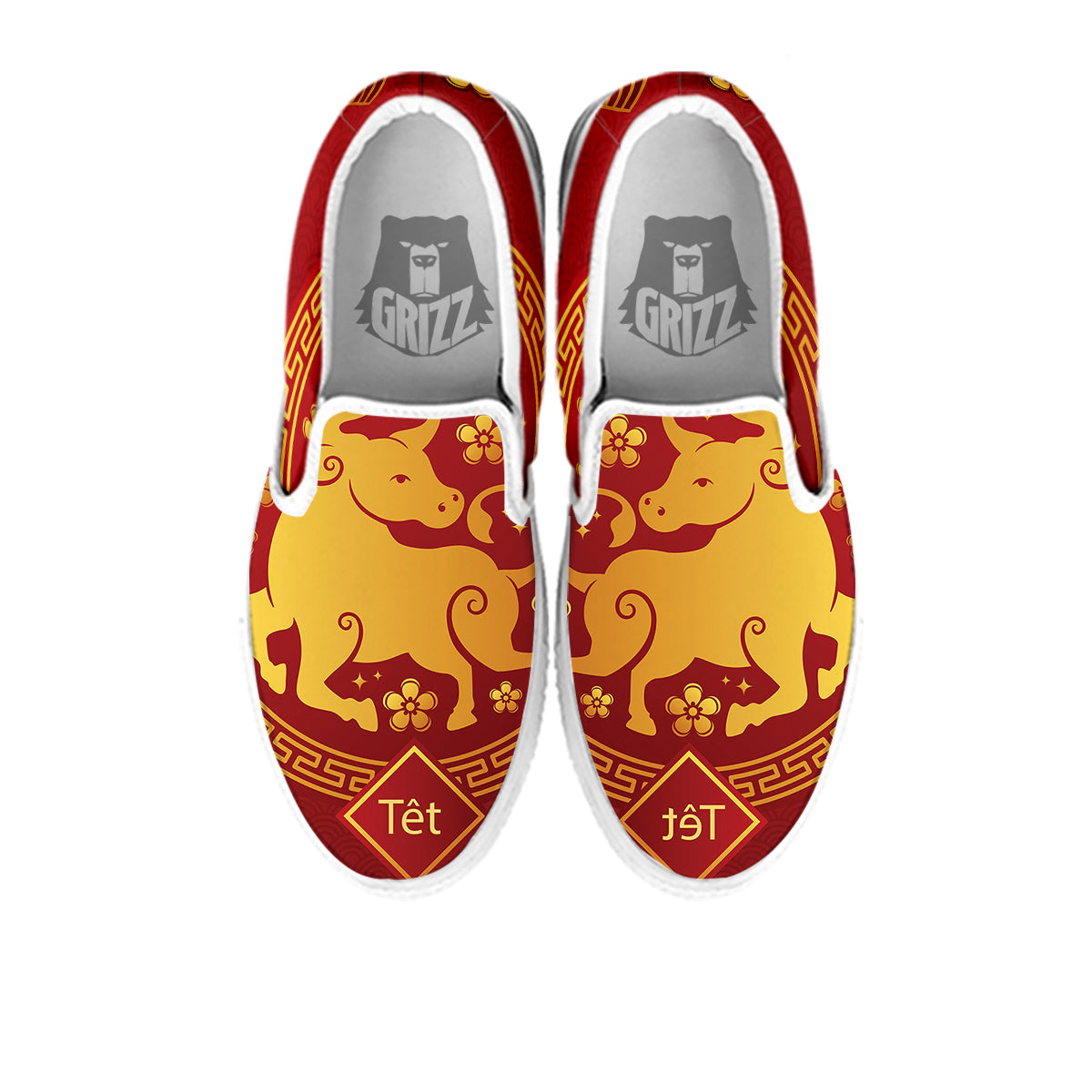 Zodiac Sign Chinese Ox Print White Slip On Shoes-grizzshop