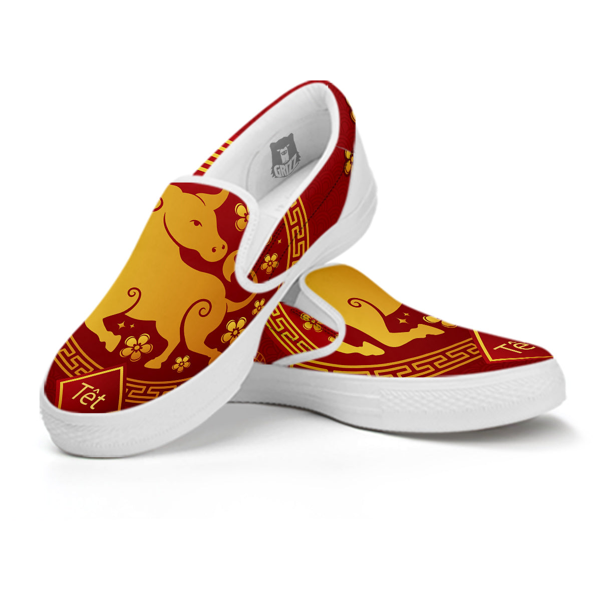 Zodiac Sign Chinese Ox Print White Slip On Shoes-grizzshop