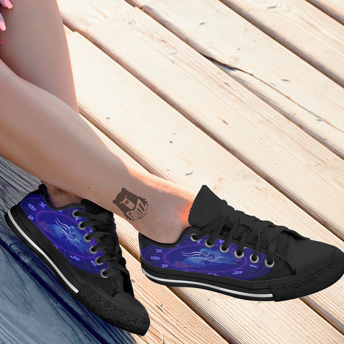 Zodiac Sign Dark Aquarius Print Black Low Top Shoes-grizzshop