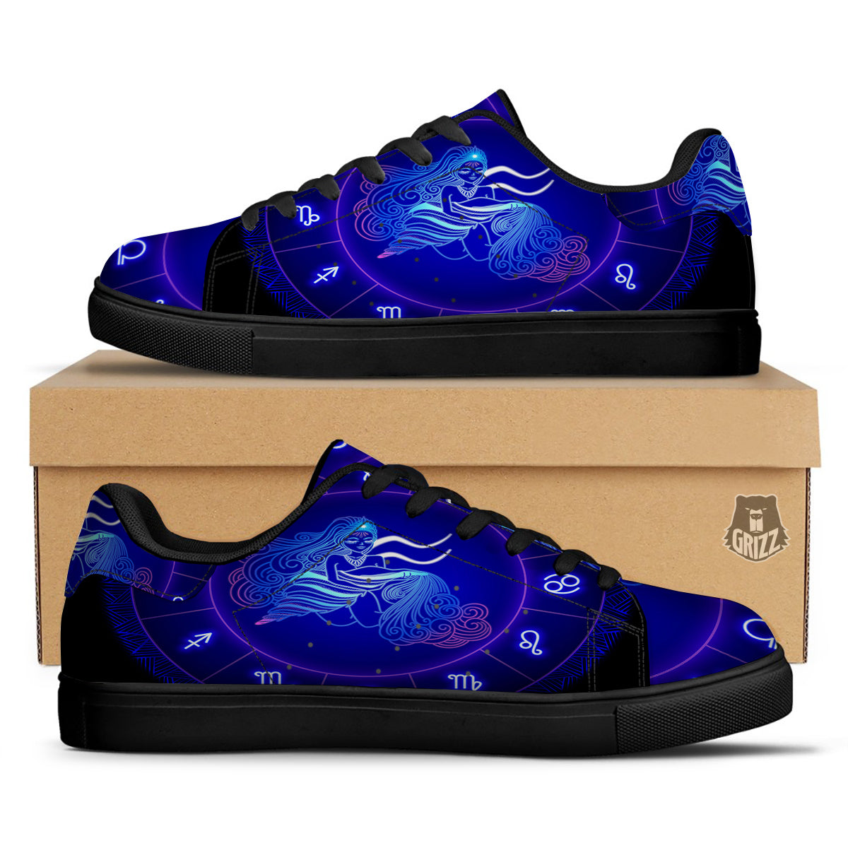 Zodiac Sign Dark Aquarius Print Black Low Top Sneakers-grizzshop