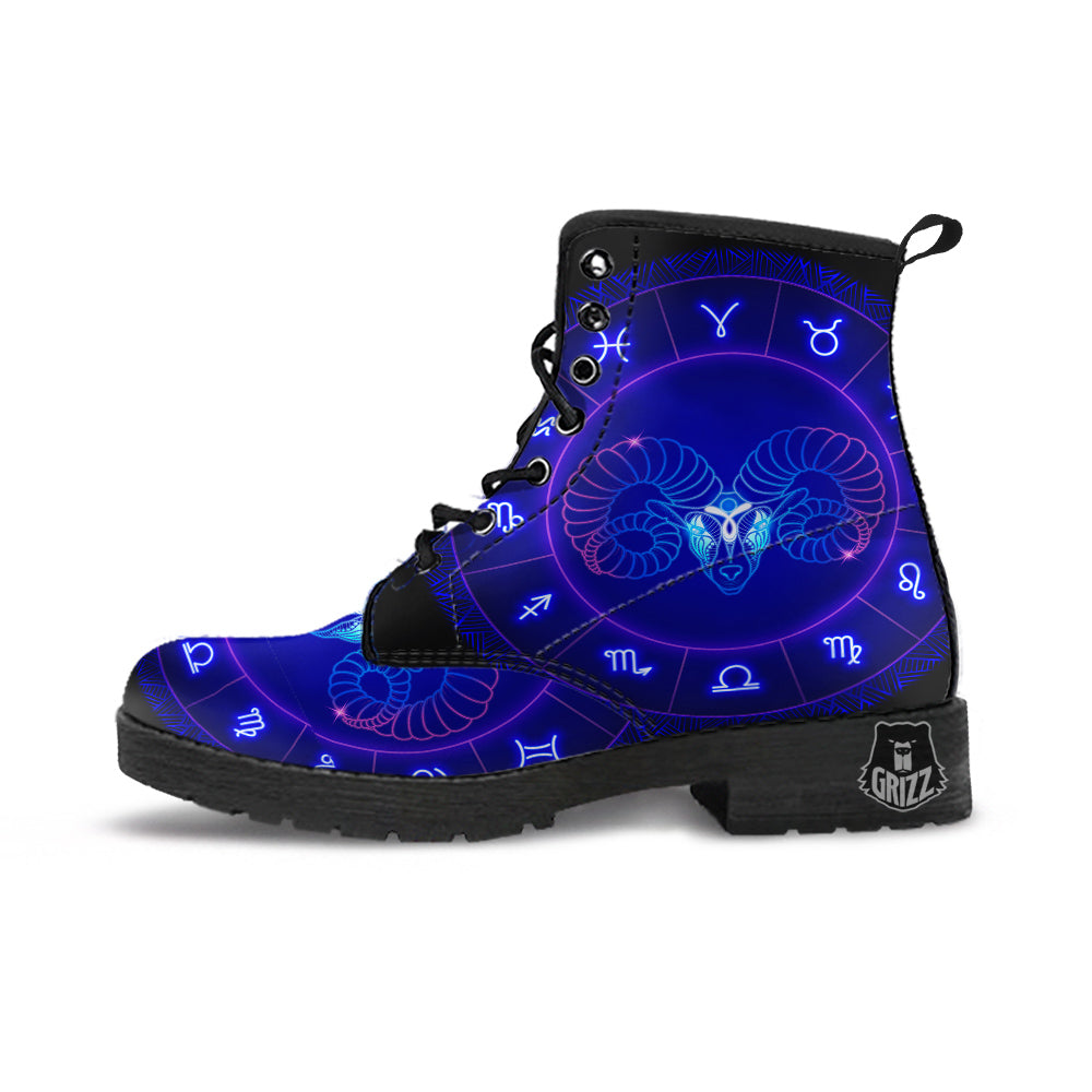 Zodiac Sign Dark Aries Print Leather Boots-grizzshop