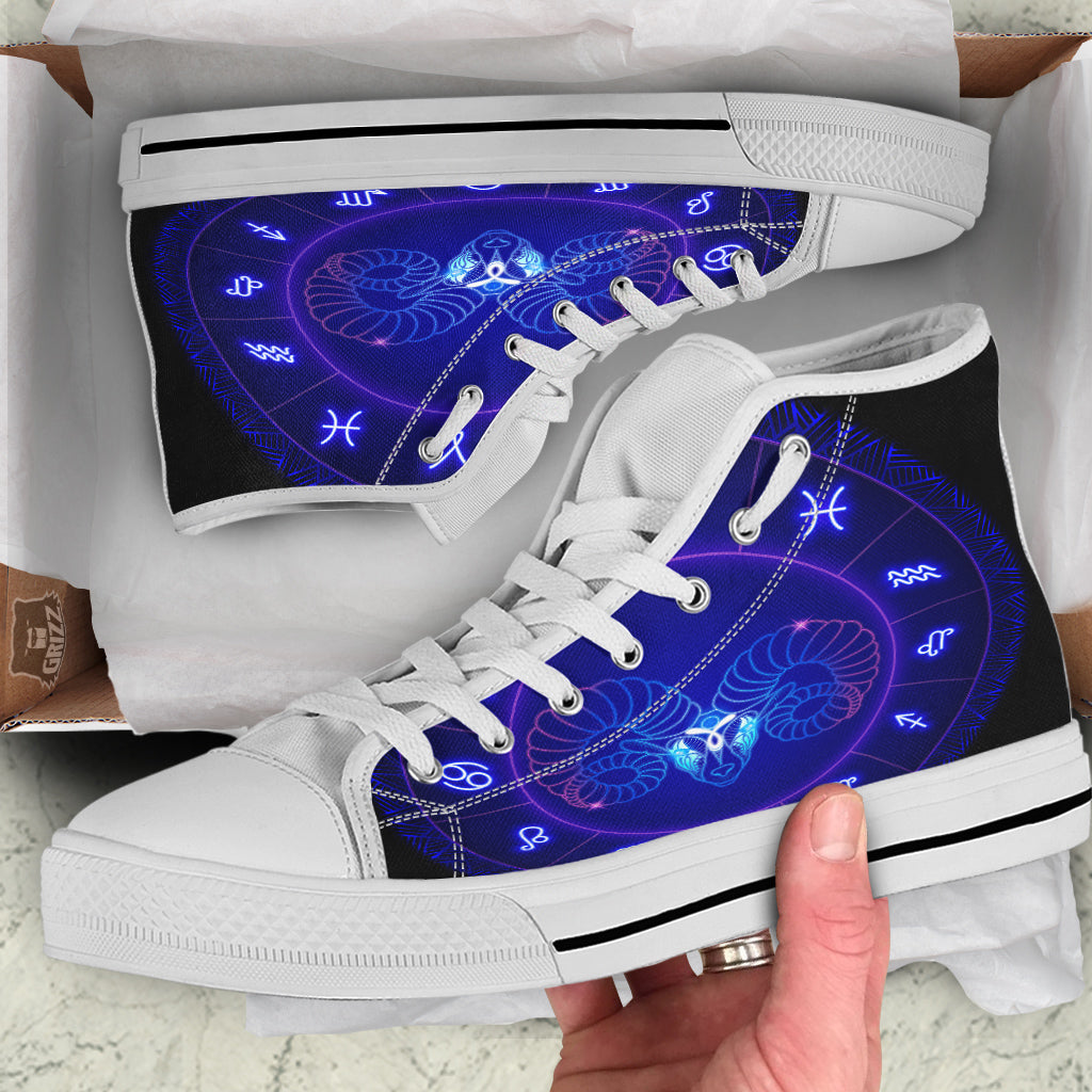 Zodiac Sign Dark Aries Print White High Top Shoes-grizzshop