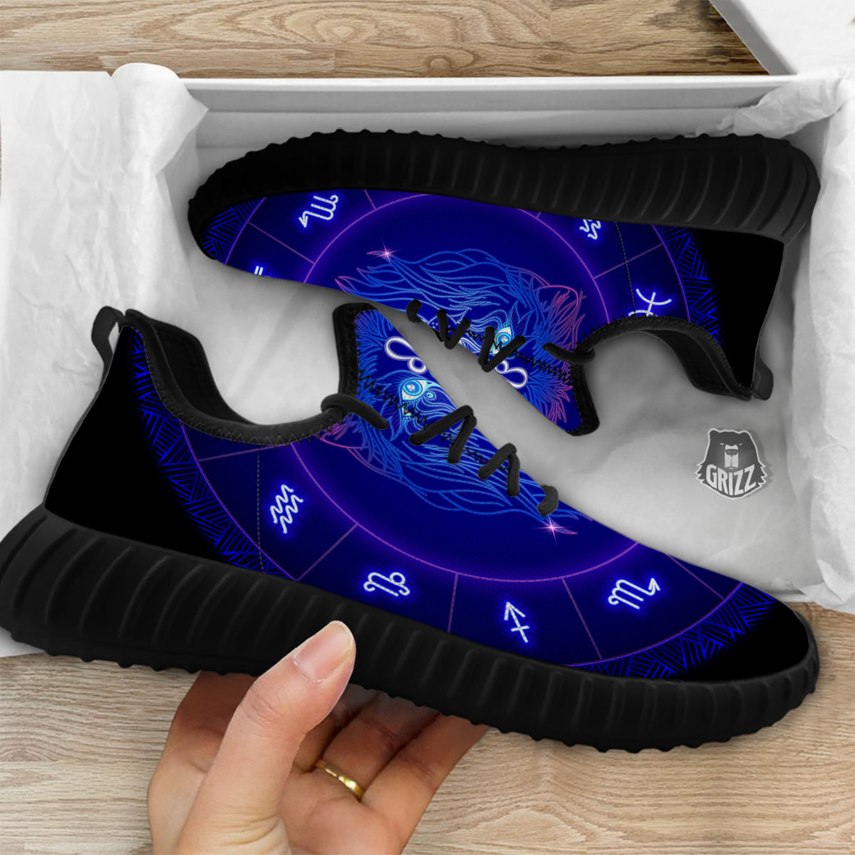 Zodiac Sign Dark Leo Print Black Walking Shoes-grizzshop