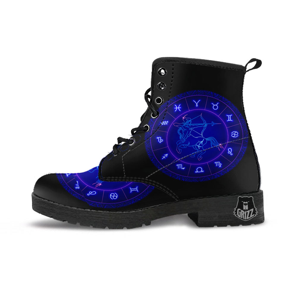 Zodiac Sign Dark Sagittarius Print Leather Boots-grizzshop