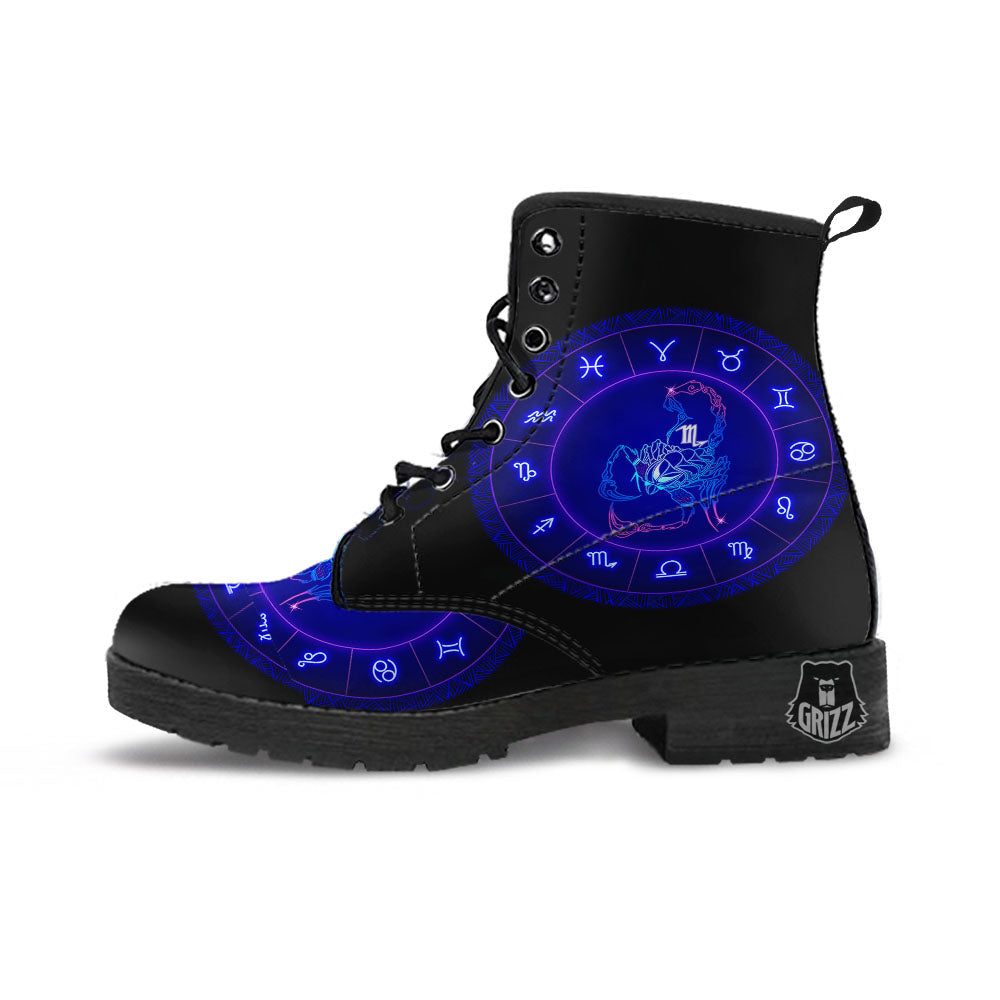 Zodiac Sign Dark Scorpio Print Leather Boots-grizzshop