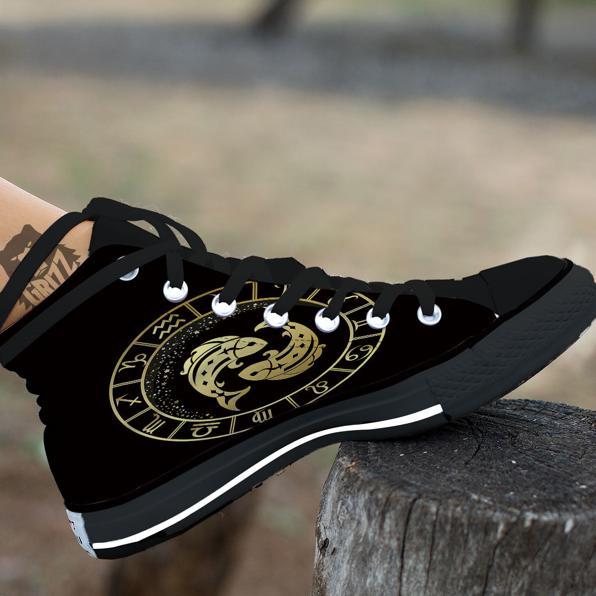 Zodiac Sign Golden Pisces Print Black High Top Shoes-grizzshop