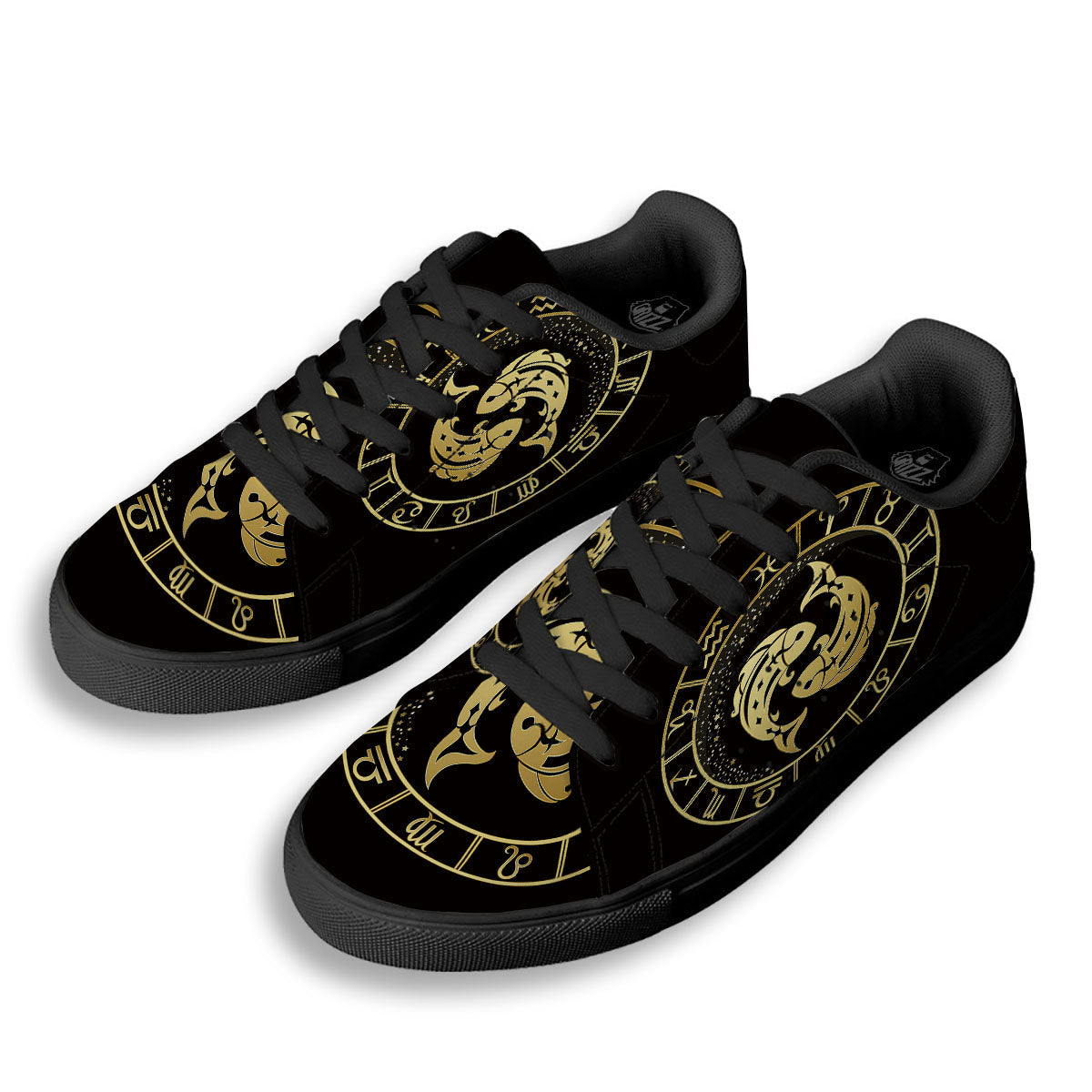 Zodiac Sign Golden Pisces Print Black Low Top Sneakers-grizzshop