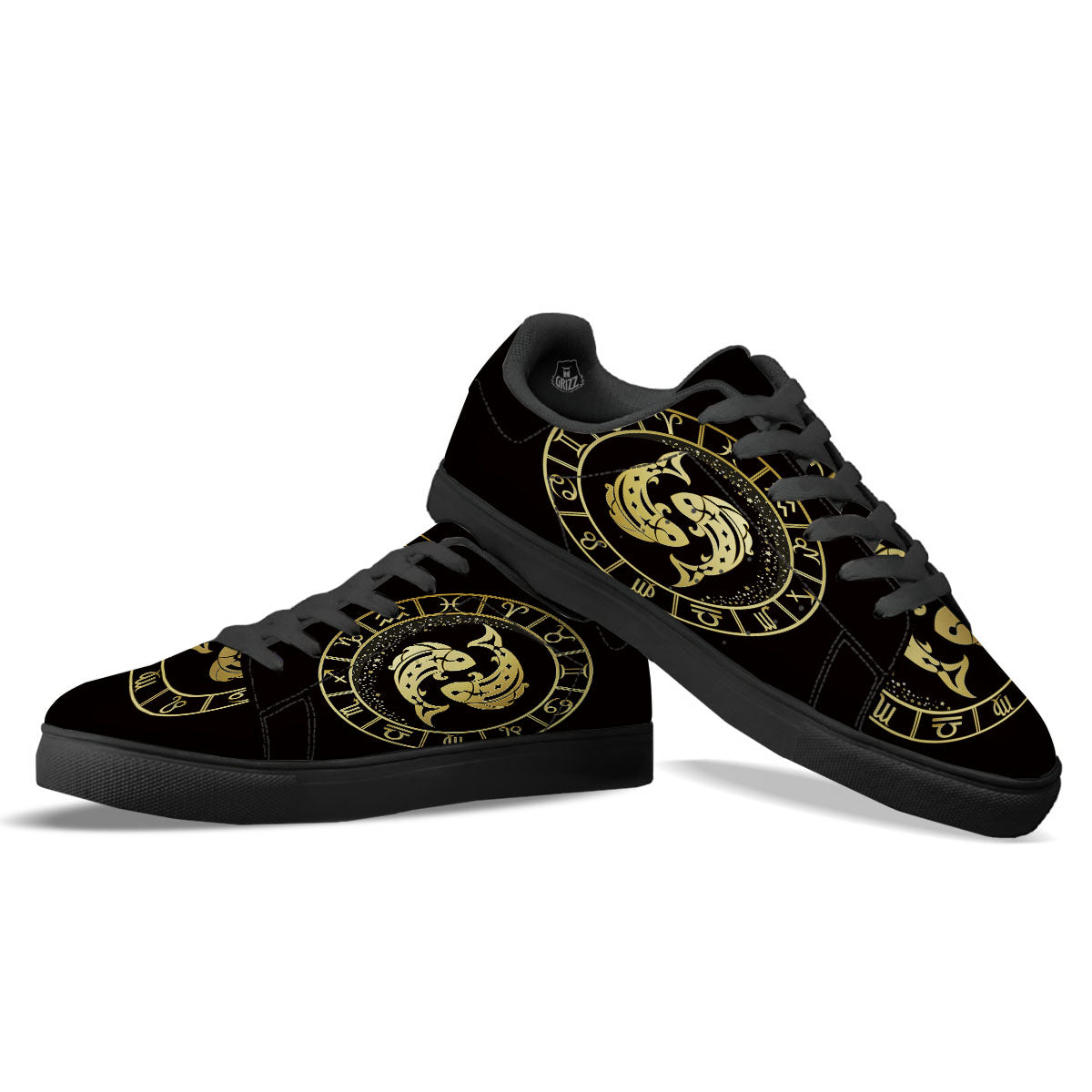 Zodiac Sign Golden Pisces Print Black Low Top Sneakers-grizzshop