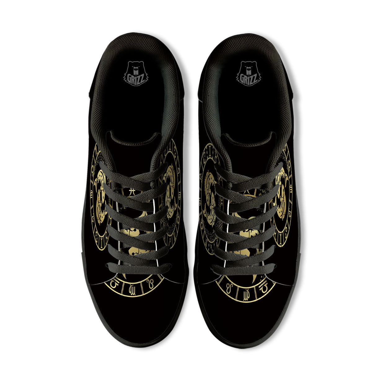 Zodiac Sign Golden Pisces Print Black Low Top Sneakers-grizzshop