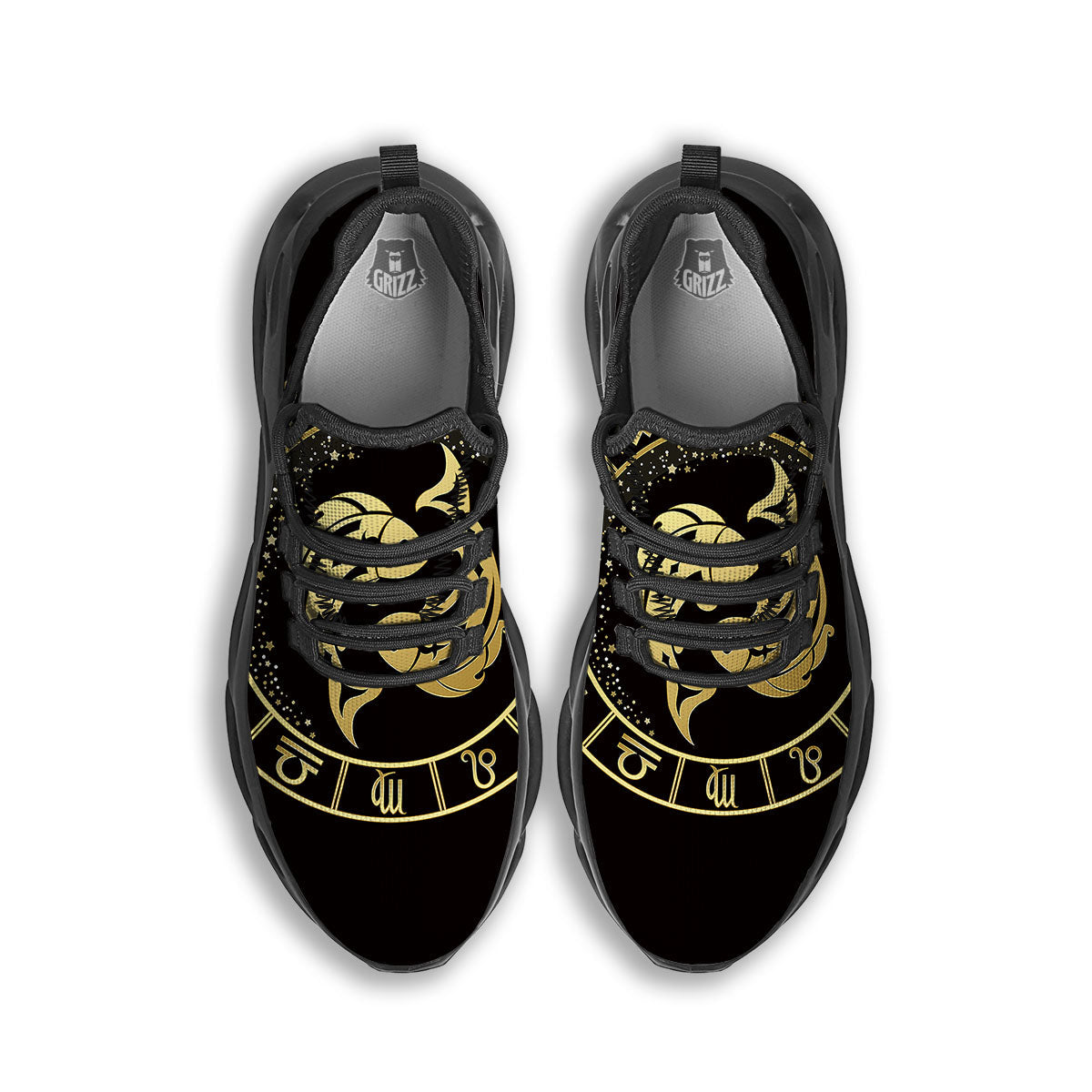 Zodiac Sign Golden Pisces Print Black Running Shoes-grizzshop