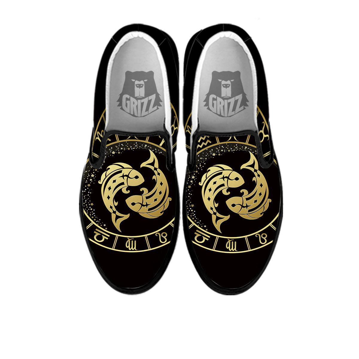 Zodiac Sign Golden Pisces Print Black Slip On Shoes-grizzshop