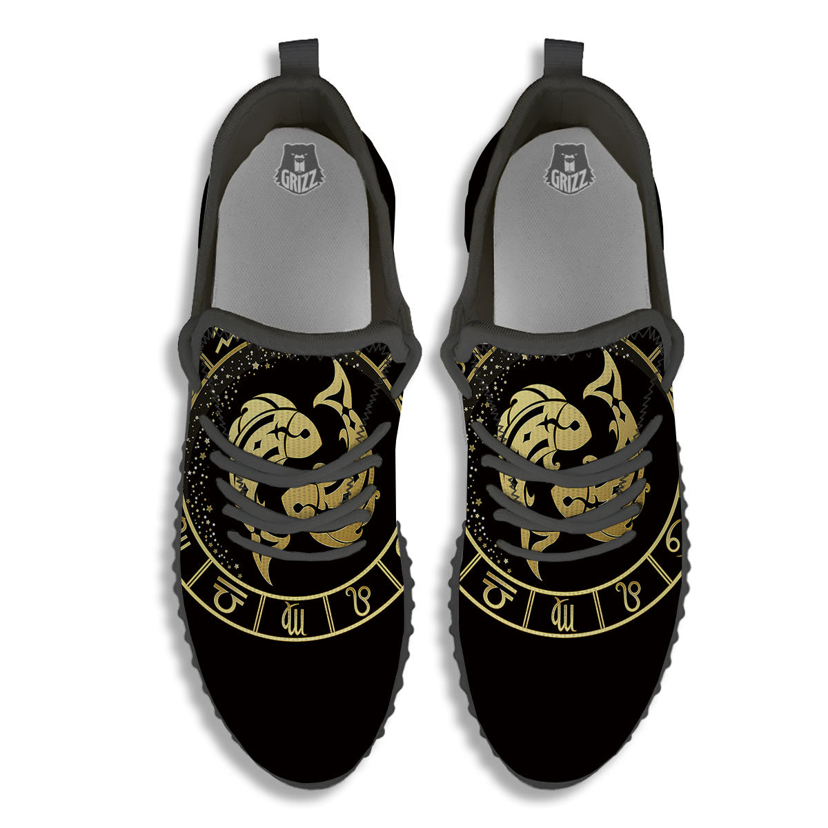 Zodiac Sign Golden Pisces Print Black Walking Shoes-grizzshop