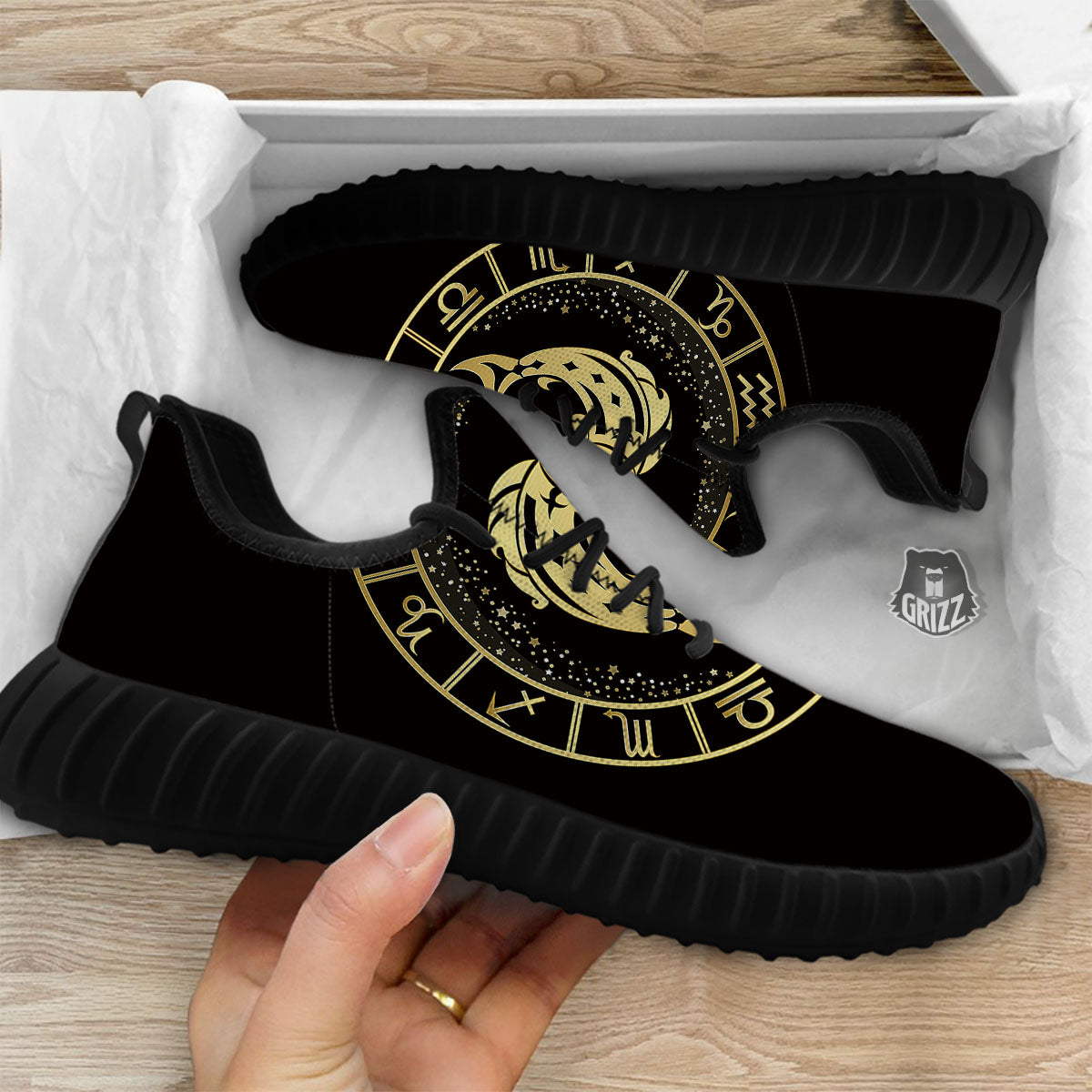 Zodiac Sign Golden Pisces Print Black Walking Shoes-grizzshop