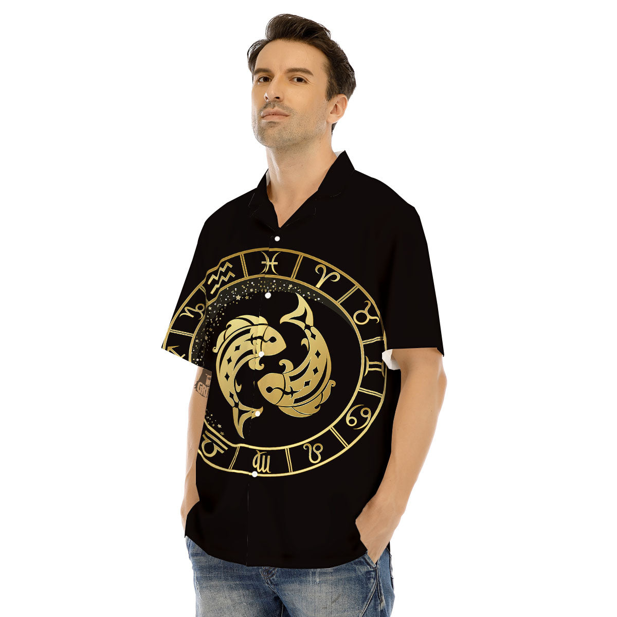 Zodiac Sign Golden Pisces Print Men's Hawaiian Shirt-grizzshop