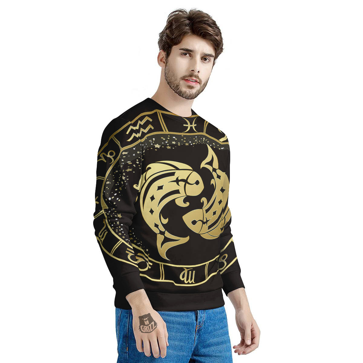 Zodiac Sign Golden Pisces Print Men's Sweatshirt-grizzshop