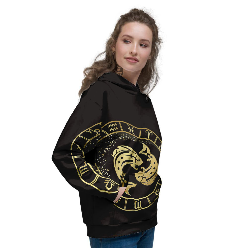 Zodiac Sign Golden Pisces Print Women's Hoodie-grizzshop