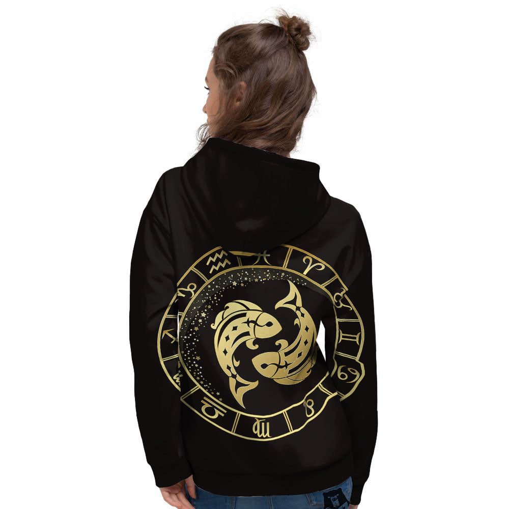 Zodiac Sign Golden Pisces Print Women's Hoodie-grizzshop