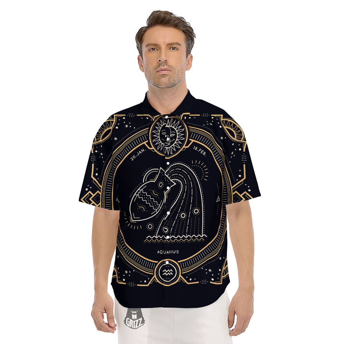 Zodiac Sign Vintage Aquarius Print Men's Short Sleeve Shirts-grizzshop