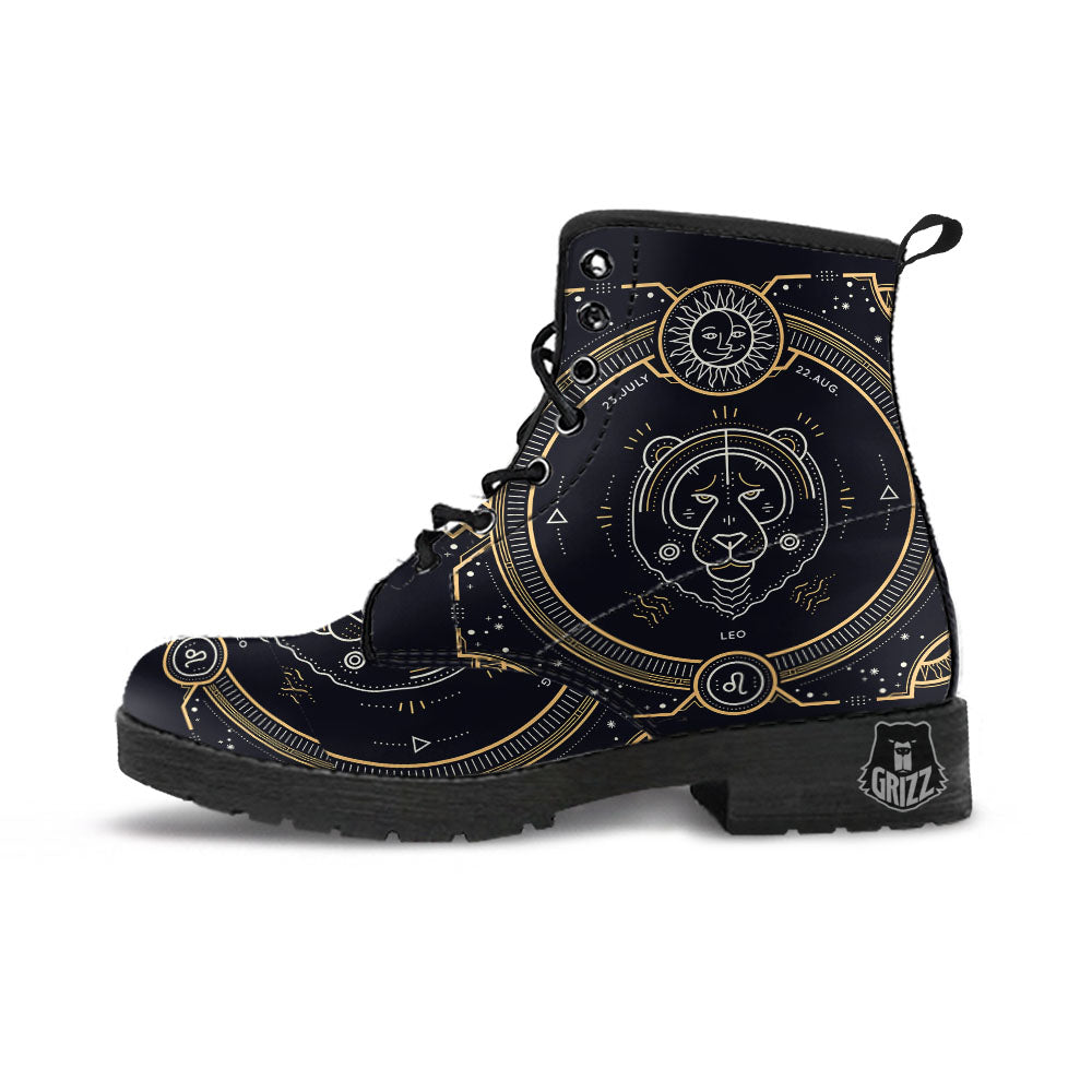 Zodiac Sign Vintage Leo Print Leather Boots-grizzshop